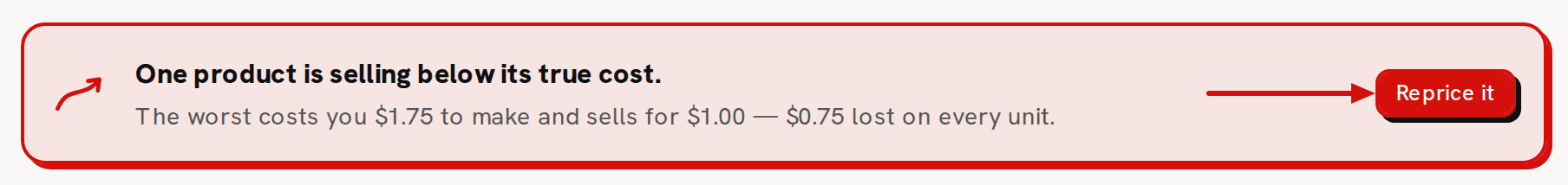 The red alert at the top of the Dashboard, saying one product is selling below its true cost, with an arrow pointing at its Reprice it button