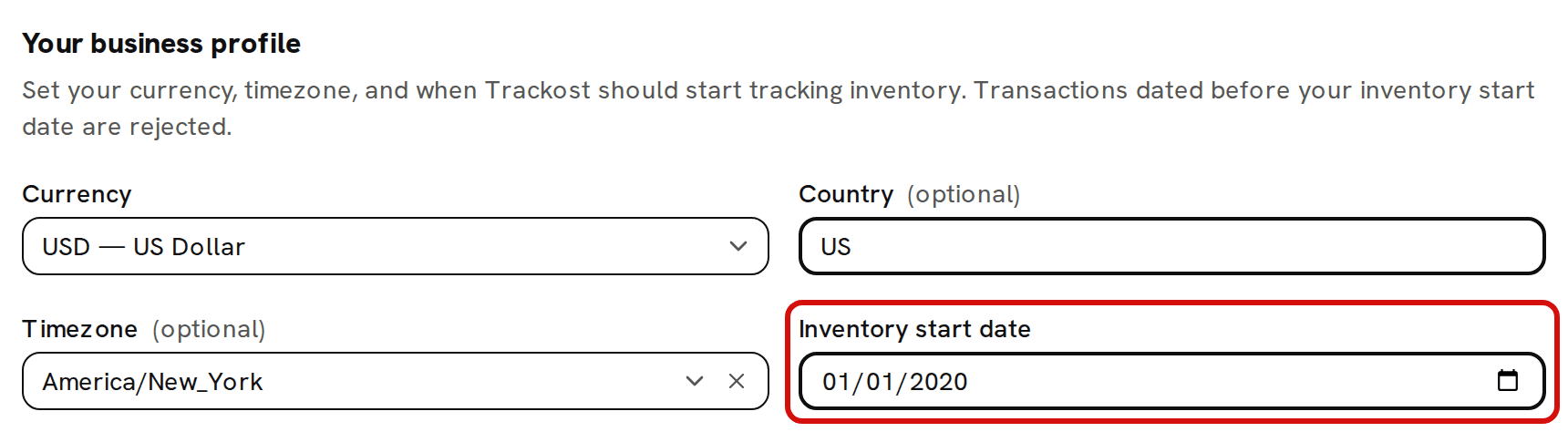 The top of the Your business profile card in step 1 of Get started: Currency, Country, Timezone, and the Inventory start date field circled in red