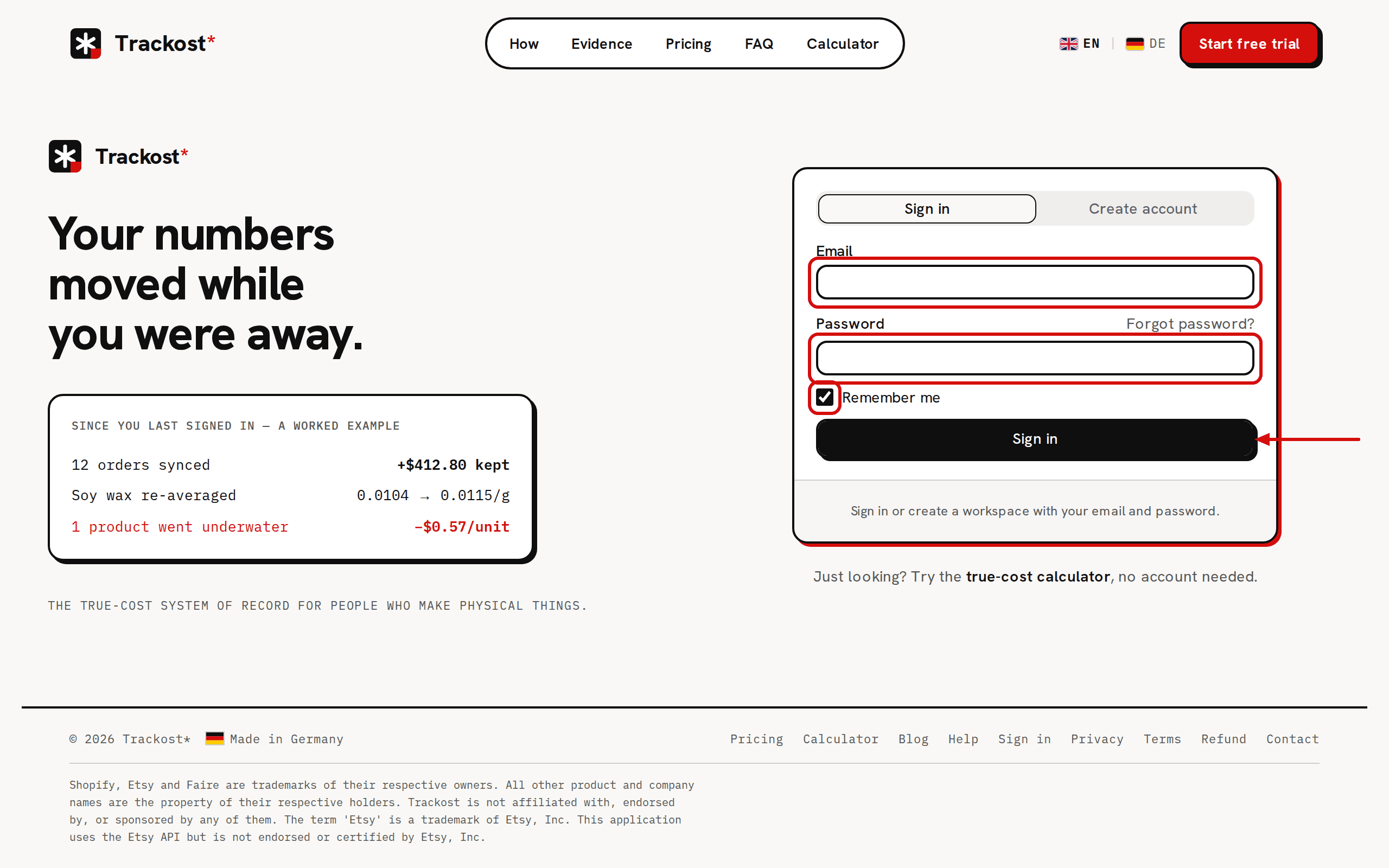 The sign-in page: a labeled example panel on the left, and on the right the form with the Email, Password and Remember me fields circled in red and an arrow pointing at the Sign in button