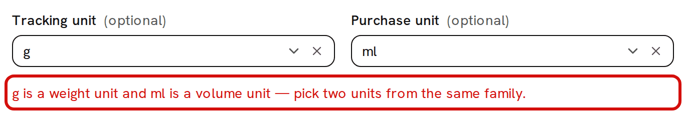The unit pickers with g as the tracking unit and ml as the purchase unit; the red message under them, circled, says g is a weight unit and ml is a volume unit
