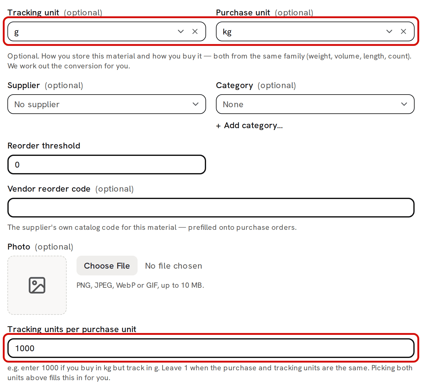 The Add material form with g picked as the tracking unit and kg as the purchase unit, both circled in red; lower down, Tracking units per purchase unit reads 1000 and is circled in red