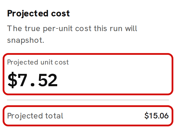 The planner’s Projected cost card for three candles: the Projected unit cost of $7.52 and the Projected total of $15.06 are each circled in red
