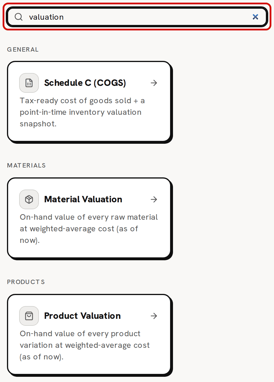 The Reports page searched for valuation, with the search box circled in red; three cards remain: Schedule C (COGS), Material Valuation and Product Valuation