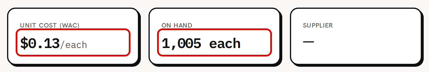 The Front Label cards after the purchase: Unit cost (WAC) $0.13/each and On hand 1,005 each, both circled in red