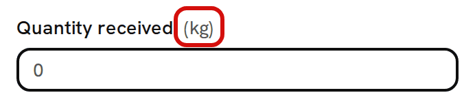 The Quantity received (kg) field on the Soy Wax (GW464) page; the (kg) after the label is circled in red